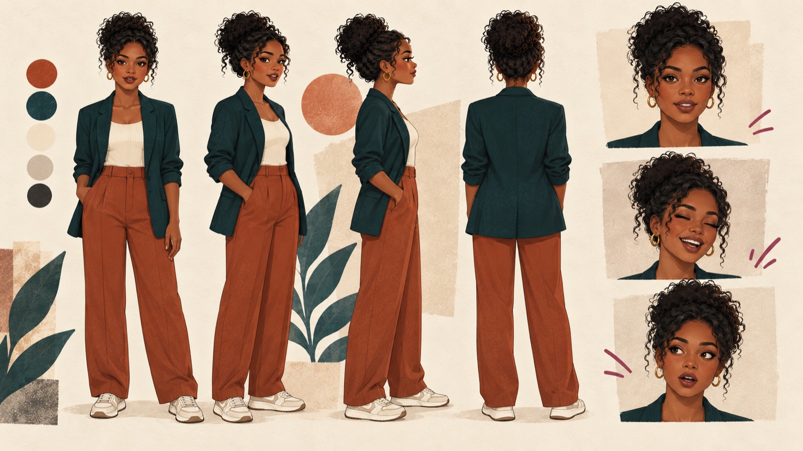 Character-reference sheet: front, three-quarter, profile and back views plus expressions
