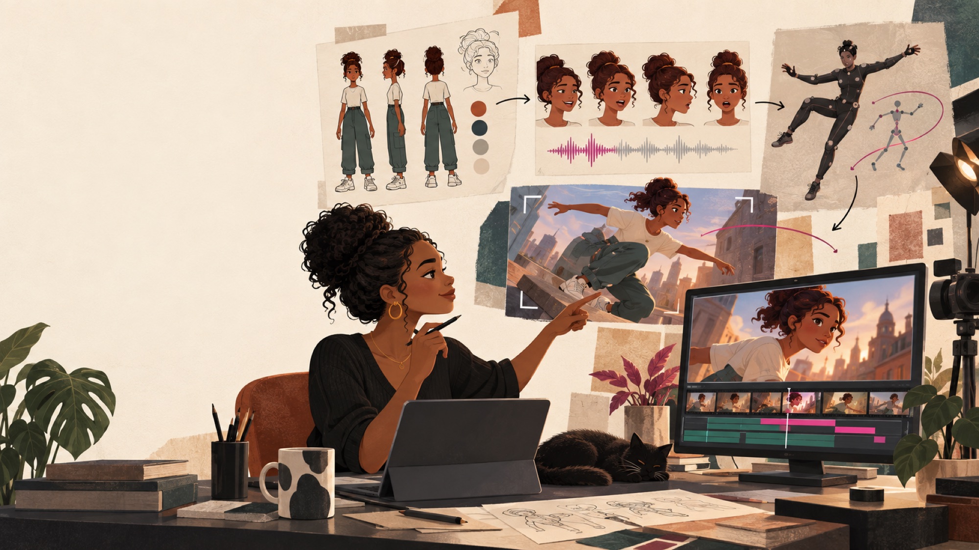 An animator planning a character-to-video workflow at her desk