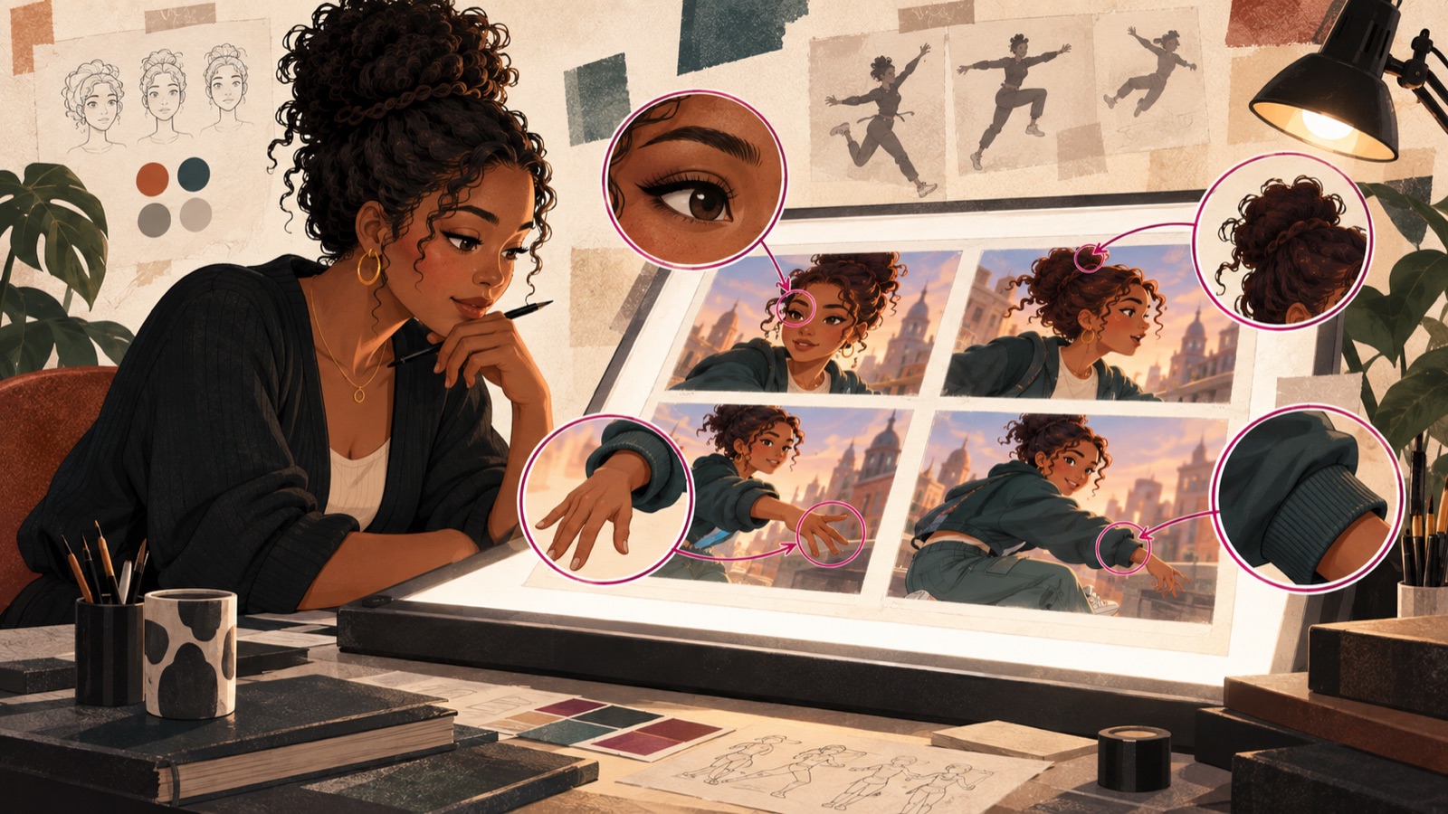 An animator inspecting generated frames on a light table with magnified continuity callouts