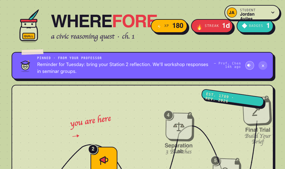 WHEREFORE quest map: Quill mascot, XP / streak / badges, and a pinned note from Prof. Chen.