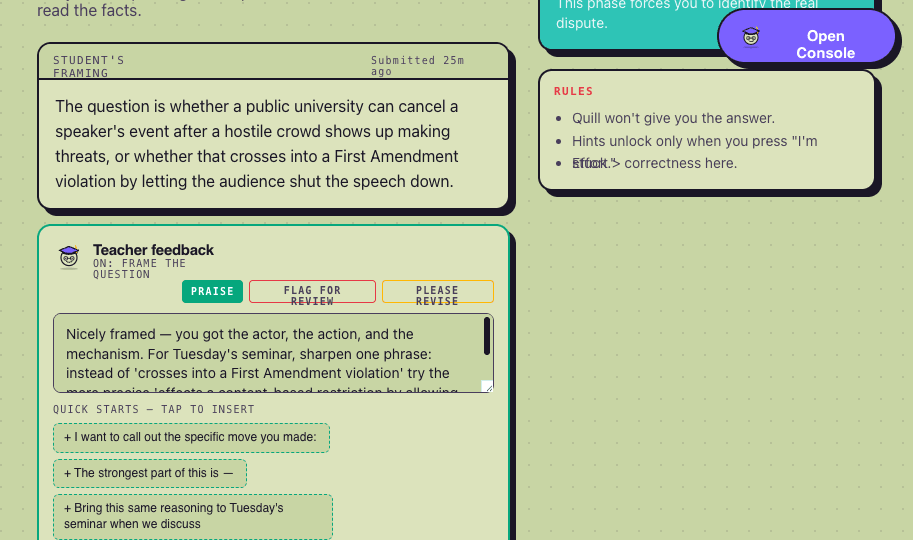 Teacher view of the Frame phase: student submission, then a feedback editor with PRAISE / FLAG FOR REVIEW / PLEASE REVISE buttons and three quick-start templates.
