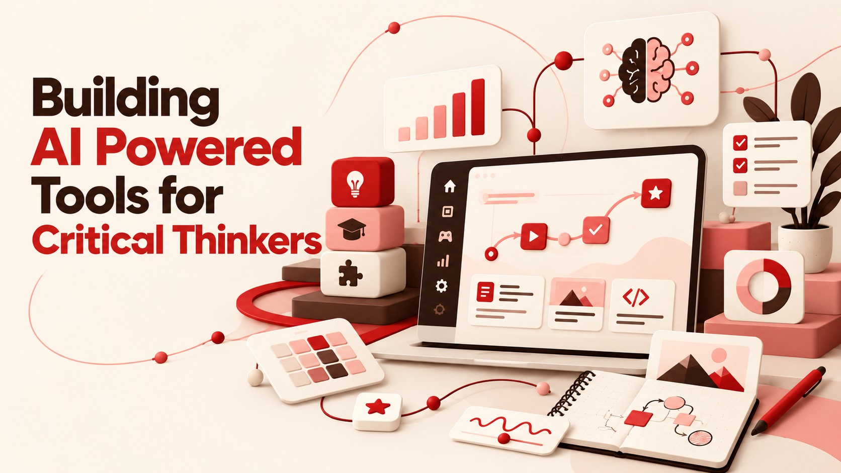 Illustration reading Building AI Powered Tools for Critical Thinkers, surrounded by a laptop, charts, games, and learning tools in red, pink, cream, and chocolate