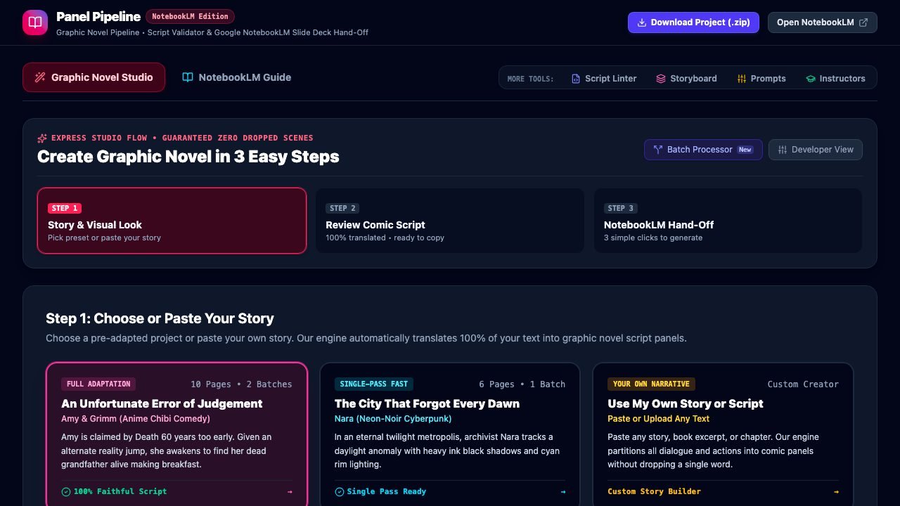 Panel Pipeline comic studio interface
