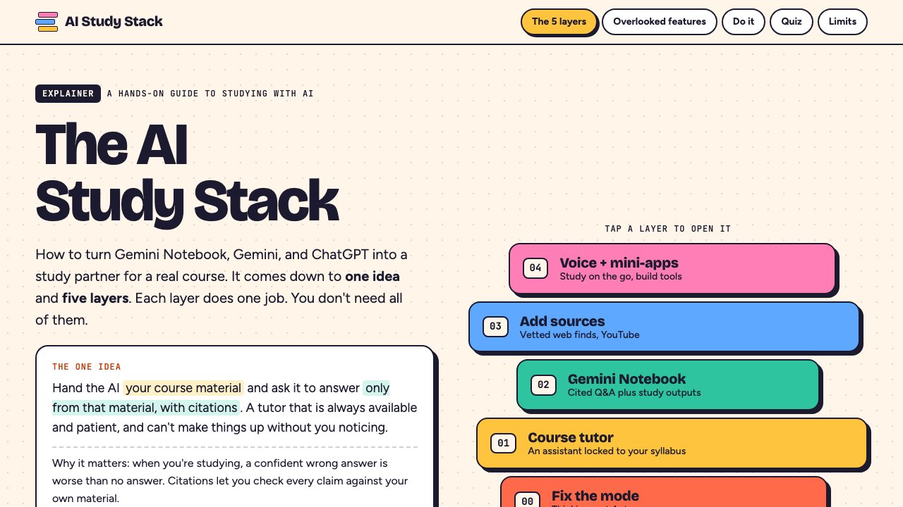 The AI Study Stack guide, showing its five color-coded layers for studying with Gemini Notebook, Gemini, and ChatGPT
