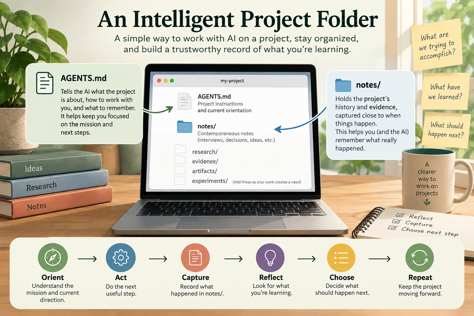 Illustration of an intelligent project folder: a laptop shows AGENTS.md for project instructions and current orientation, a notes folder for project history and evidence, optional research and artifact folders, and the six-step cycle Orient, Act, Capture, Reflect, Choose, Repeat.